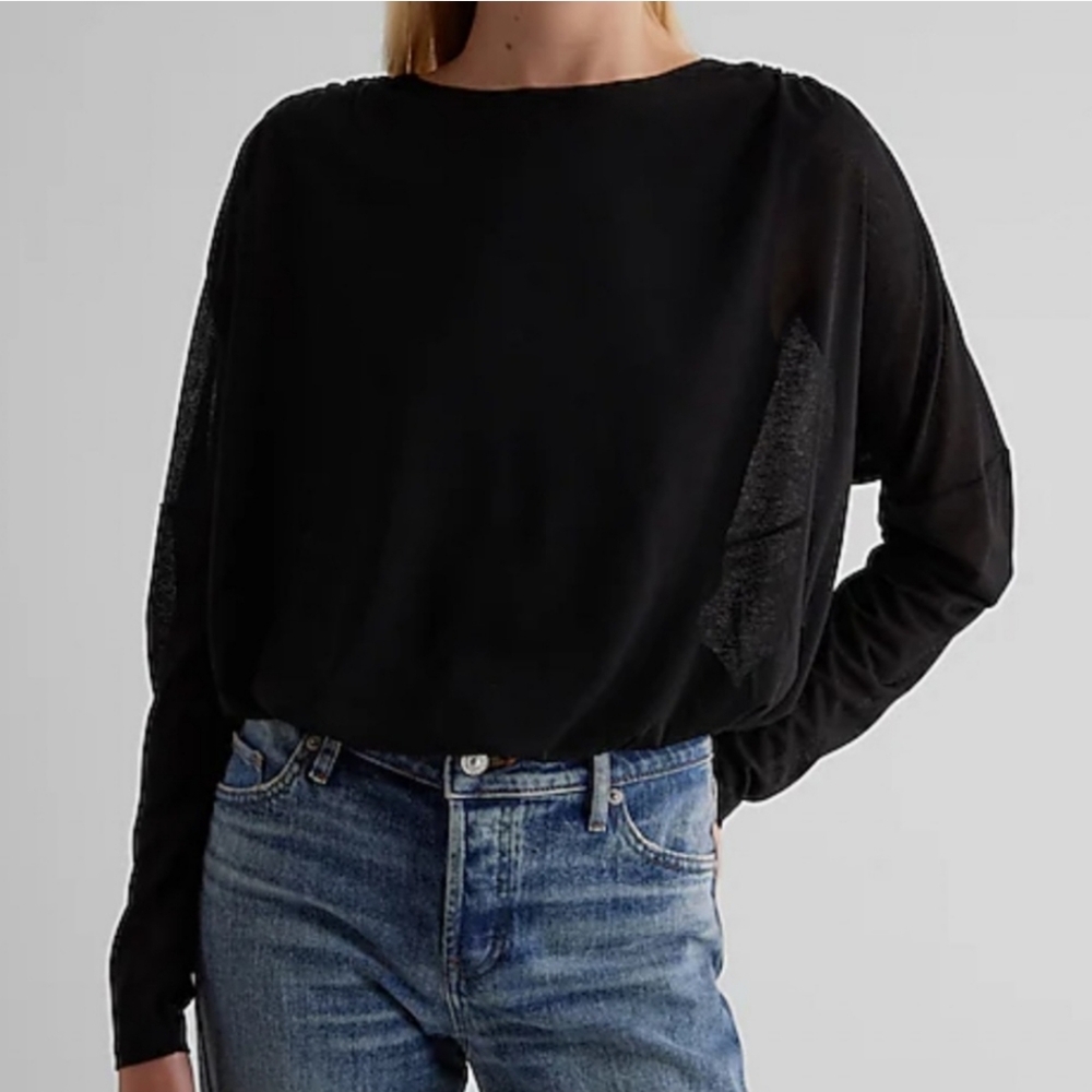 NWT Express Skimming Long Sleeve Ruched Shoulder Bubble Tee - Pitch Black